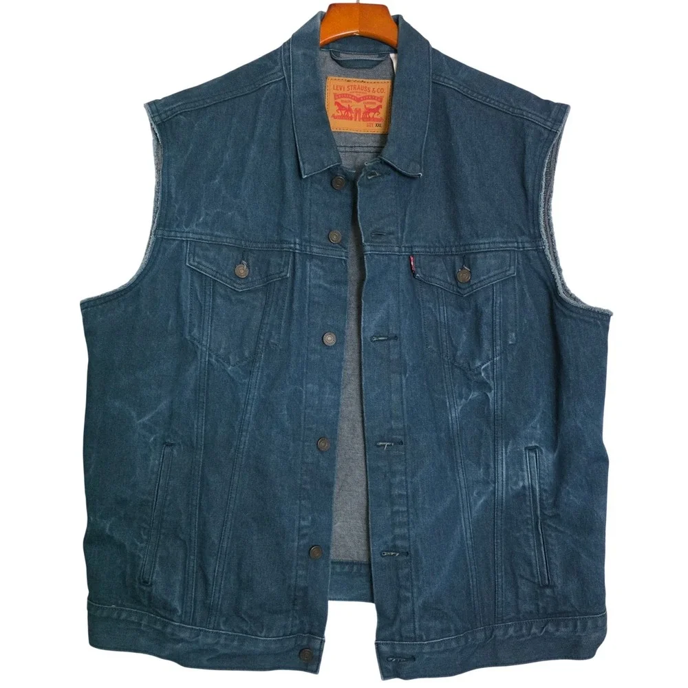Levis Mens Trucker Denim Vest Dark Wash Blue Sleeveless Jacket XXL Raw Sleeve